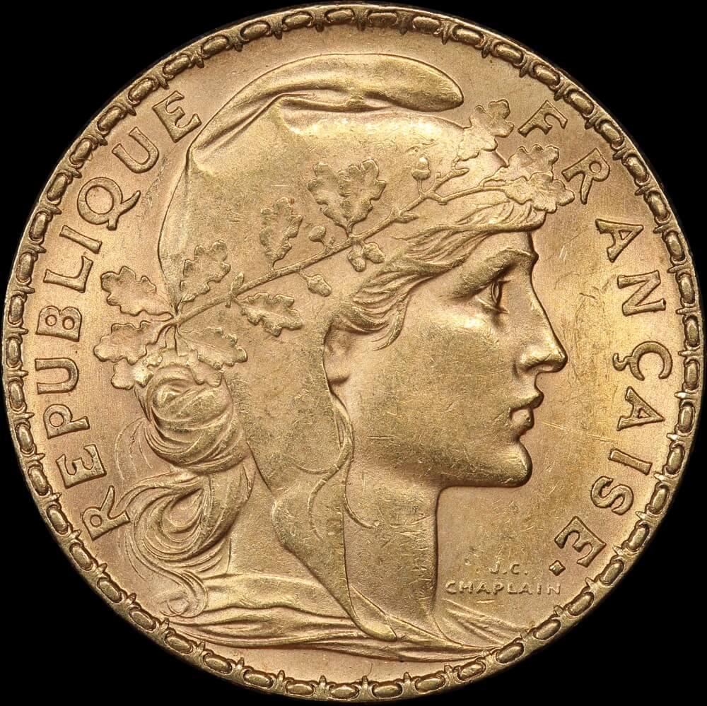 France 1907 Gold 20 Francs Rooster KM#857 Uncirculated product image