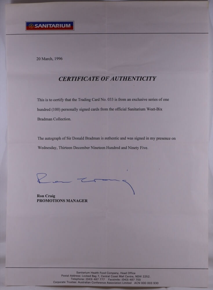 1996 Don Bradman Signed Complete Set of 20 Weetbix Cards With Certificate product image