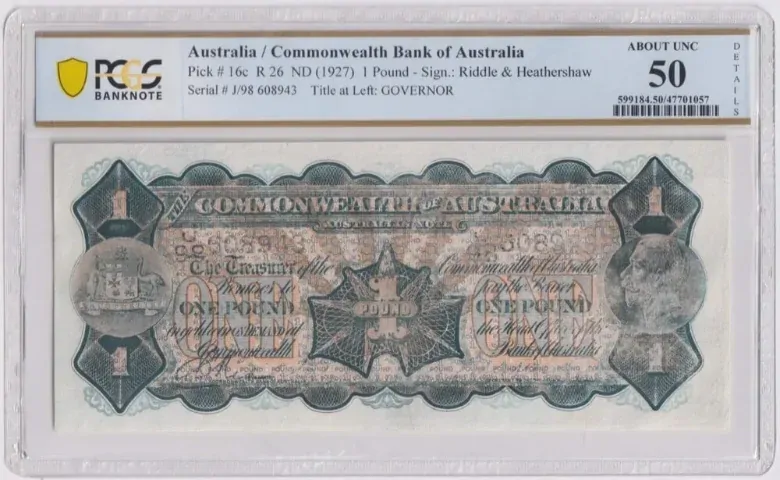 1927 One Pound Riddle/Heathershaw R26 PCGS AU50 product image