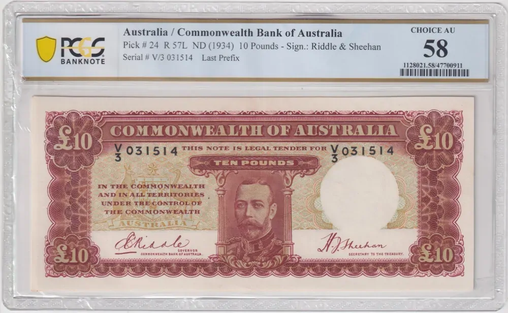 1934 Ten Pound Riddle/Sheehan R57L PCGS AU58 product image