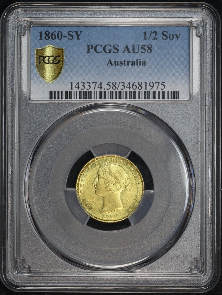 1860 Sydney Mint Type II Half Sovereign Overdate about Unc (PCGS AU58) product image