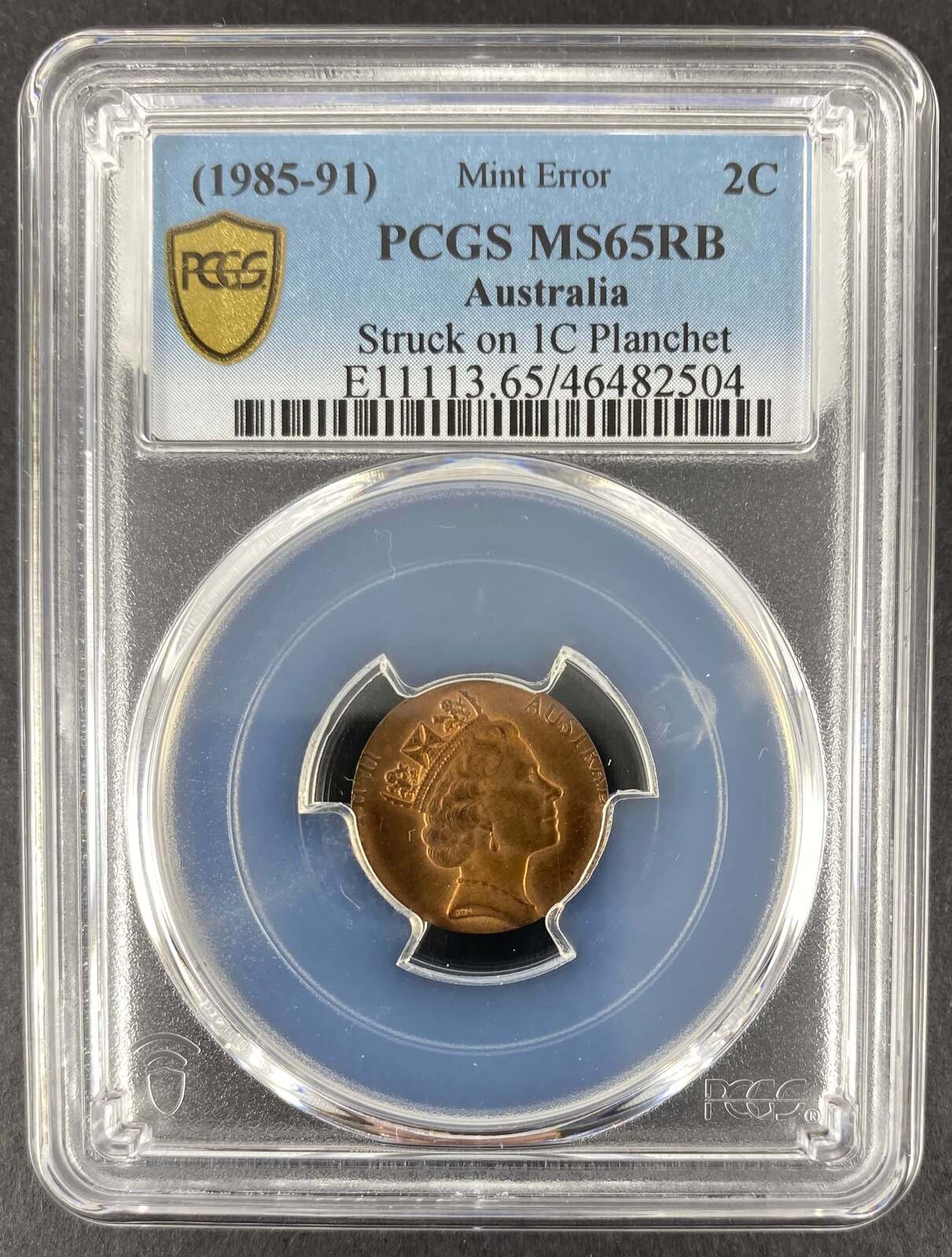 Australia 2 Cent Error Coin (Struck On 1 Cent Planchet) PCGS MS65RB product image