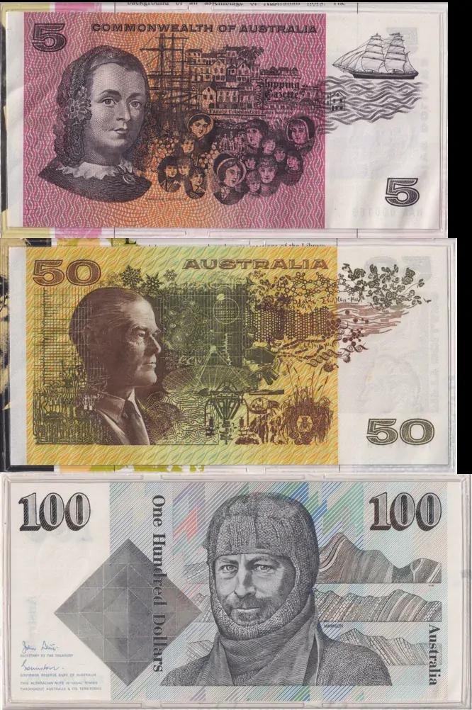 Australia 1994 Triple Anniversary Decimal Banknote Portfolio - $5, $50 & $100 First Prefix Notes product image
