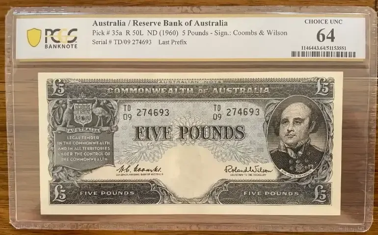 1960 Five Pound TD/09 Last Prefix Coombs/Wilson R50L PCGS Choice Unc 64 product image