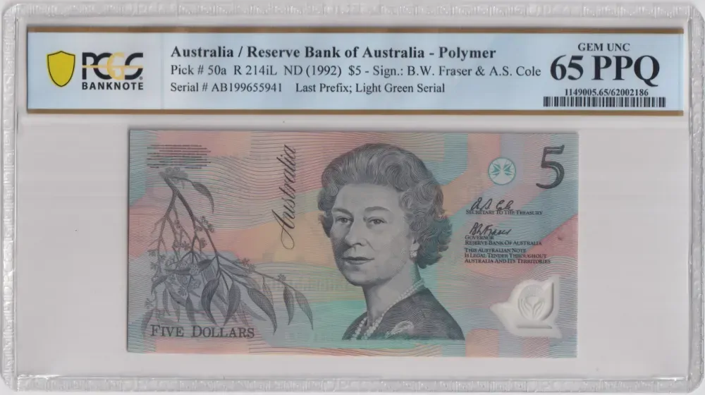1992 $5 Note Fraser/Cole AB19 Last Prefix R214iL PCGS 65 PPQ product image
