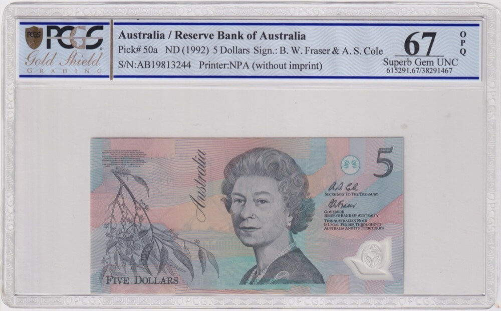1992 $5 Note Fraser/Cole AB19 Last Prefix R214L PCGS Superb Gem Unc 67 OPQ product image