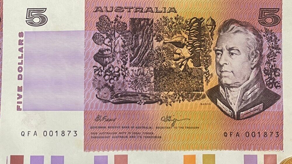 1990 5 Dollar Uncut Half Sheet of 20 Notes Fraser Higgins product image