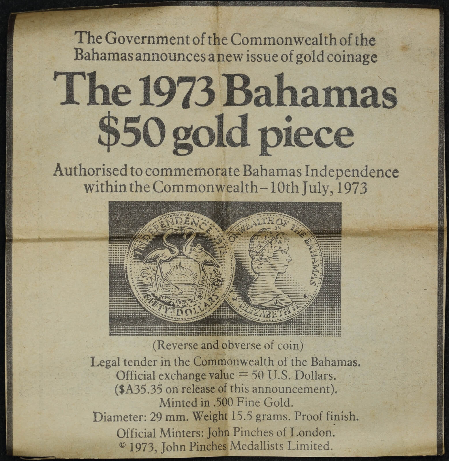 Bahamas 1973 Gold 50 Dollar Coin KM#48 Independence Commemorative product image