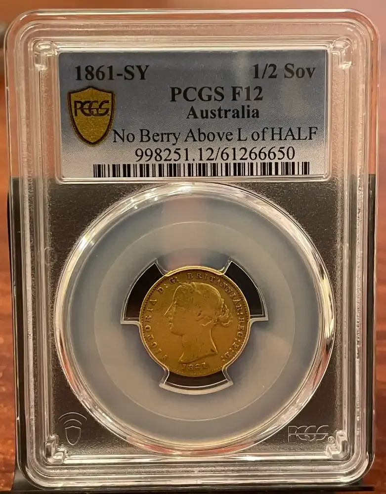 1861 Sydney Mint Type II Half Sovereign No Berry Reverse PCGS F12 product image