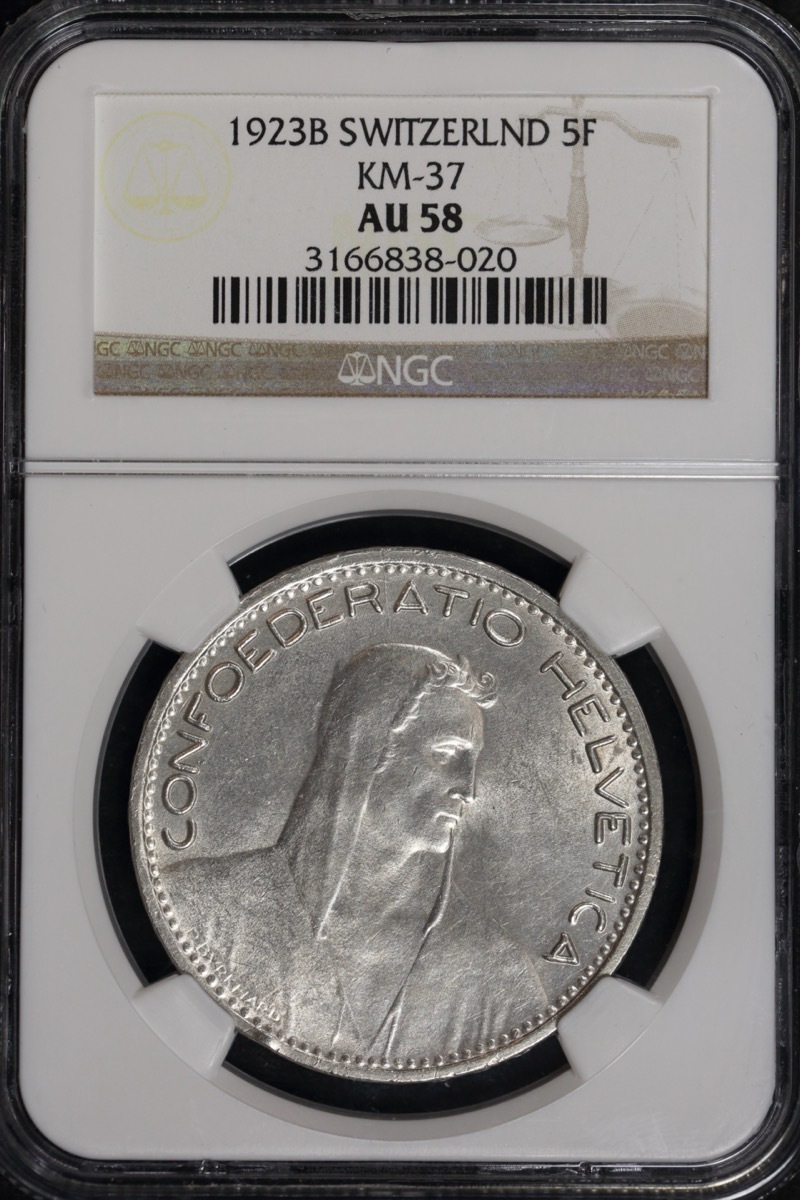 Switzerland 1923 Silver 5 Francs KM# 37 NGC AU58 product image