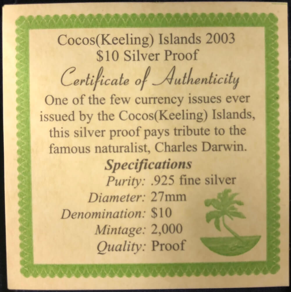 Keeling Cocos Islands 2003 Silver 10 Dollar Proof KM# X8 Missing Legend Error product image
