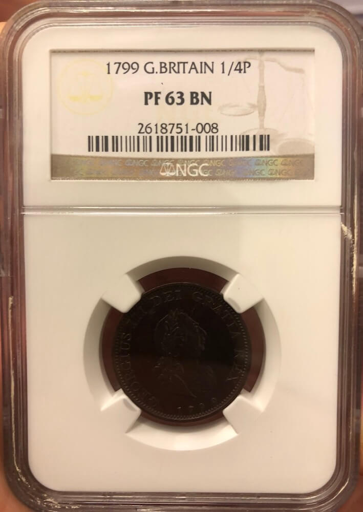 1799 Copper Proof Farthing George III S#3779 NGC PF63BN product image