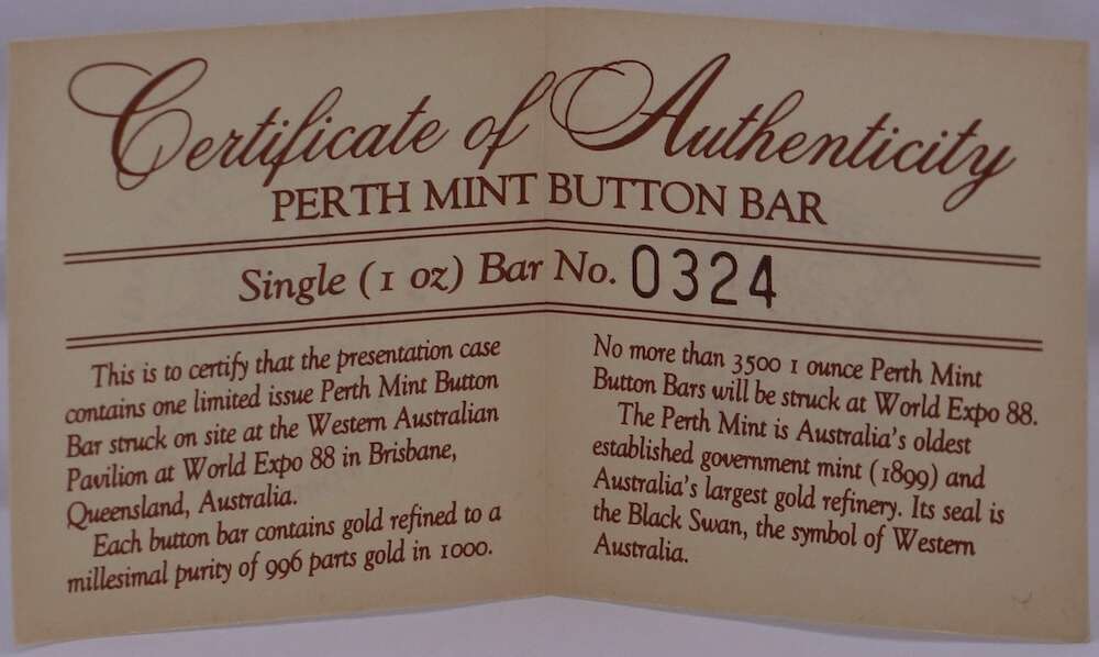 Limited Edition Perth Mint 1ozt Gold Ingot Issued at World Expo 88 in Presentation Case product image