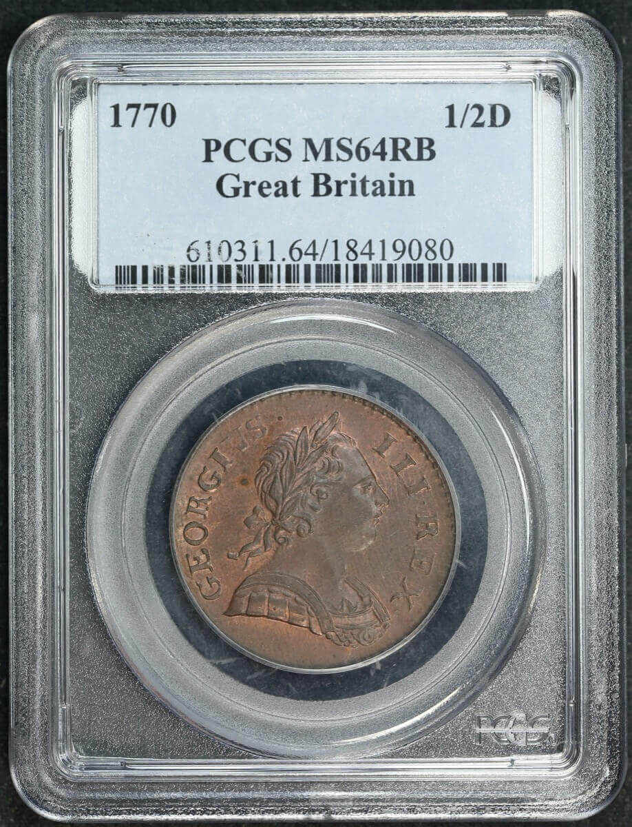 1770 Copper Halfpenny George III S#3774 PCGS MS64RB product image