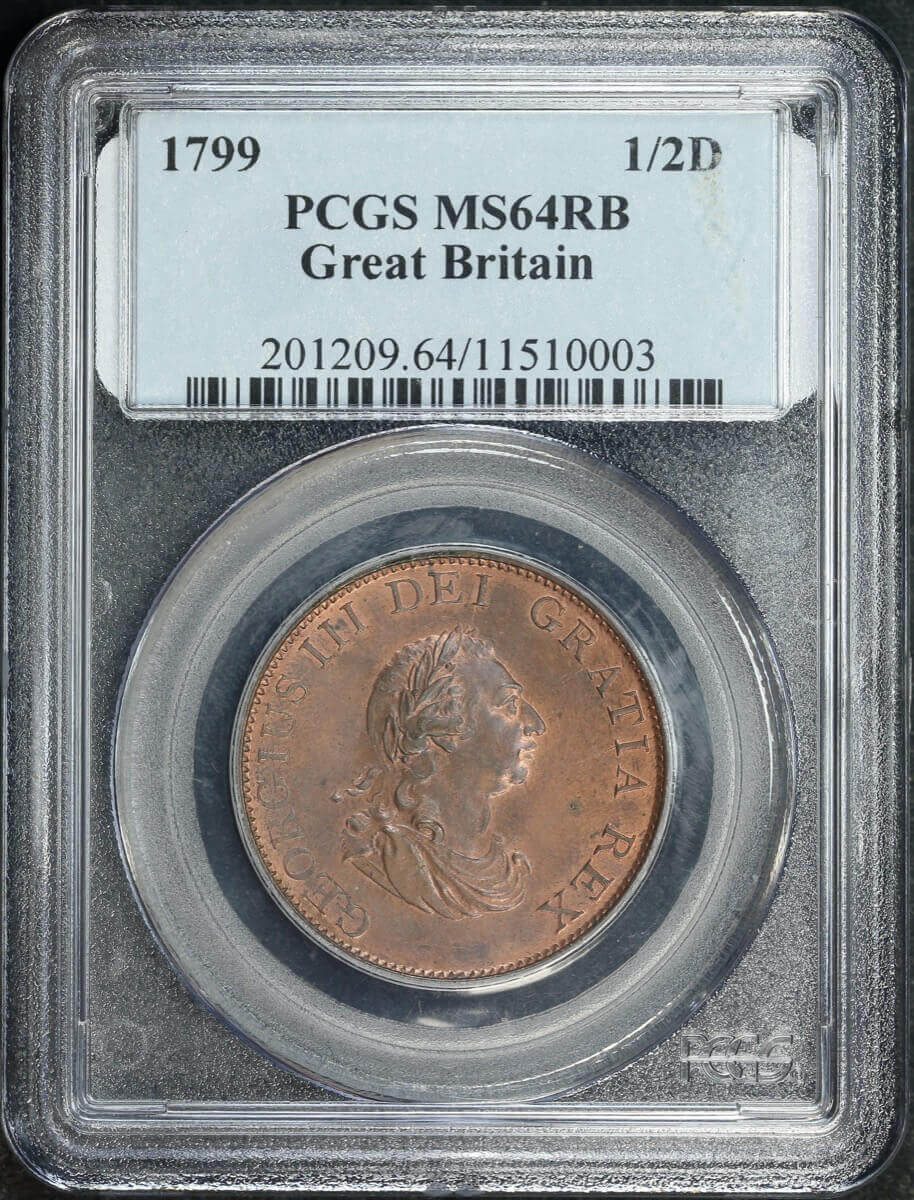 1799 Copper Halfpenny George III S# 3778 PCGS MS64RB product image