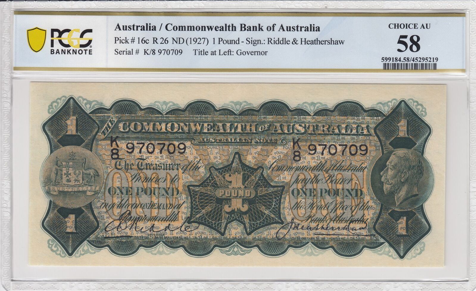 1927 One Pound Riddle/Heathershaw R26 PCGS AU58 product image