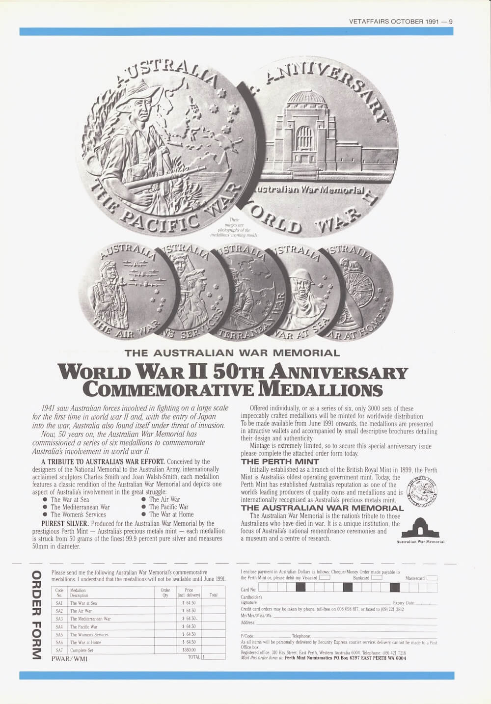 World War II 50th Anniversary Silver Medallion 1991 Australian War Memorial FDC product image