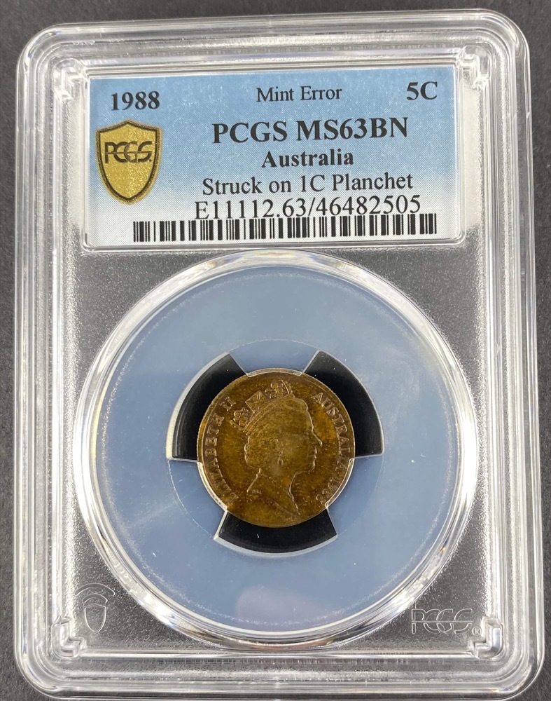 Australia 1988 5 Cent Error Coin (Struck On 1 Cent Planchet) PCGS MS63BN product image