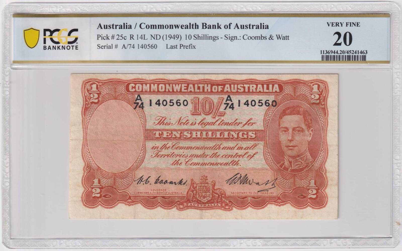1949 Ten Shilling Coombs/Watt A/74 Last Prefix R14L PCGS VF20 product image