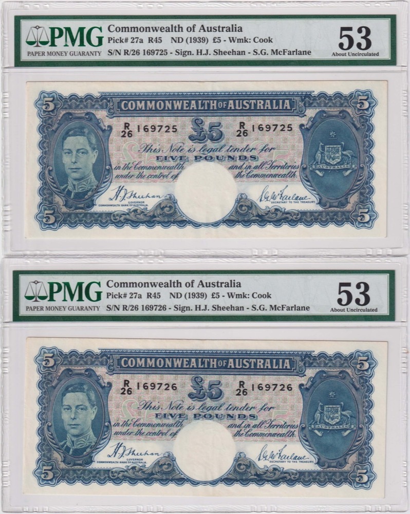 1939 Five Pound Consecutive Pair Sheehan/McFarlane R45 PMG AU53 product image