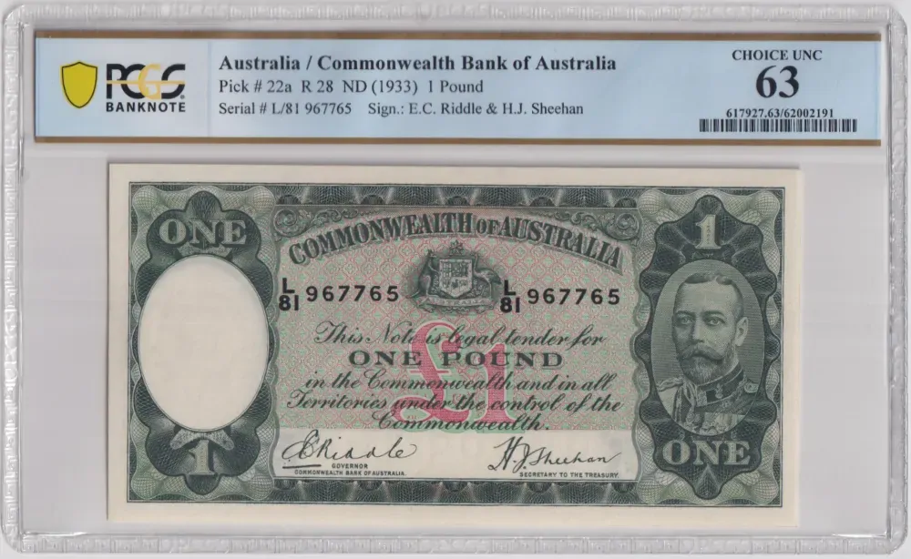 1933 One Pound Riddle/Sheehan R28 PCGS Choice Unc 63 product image