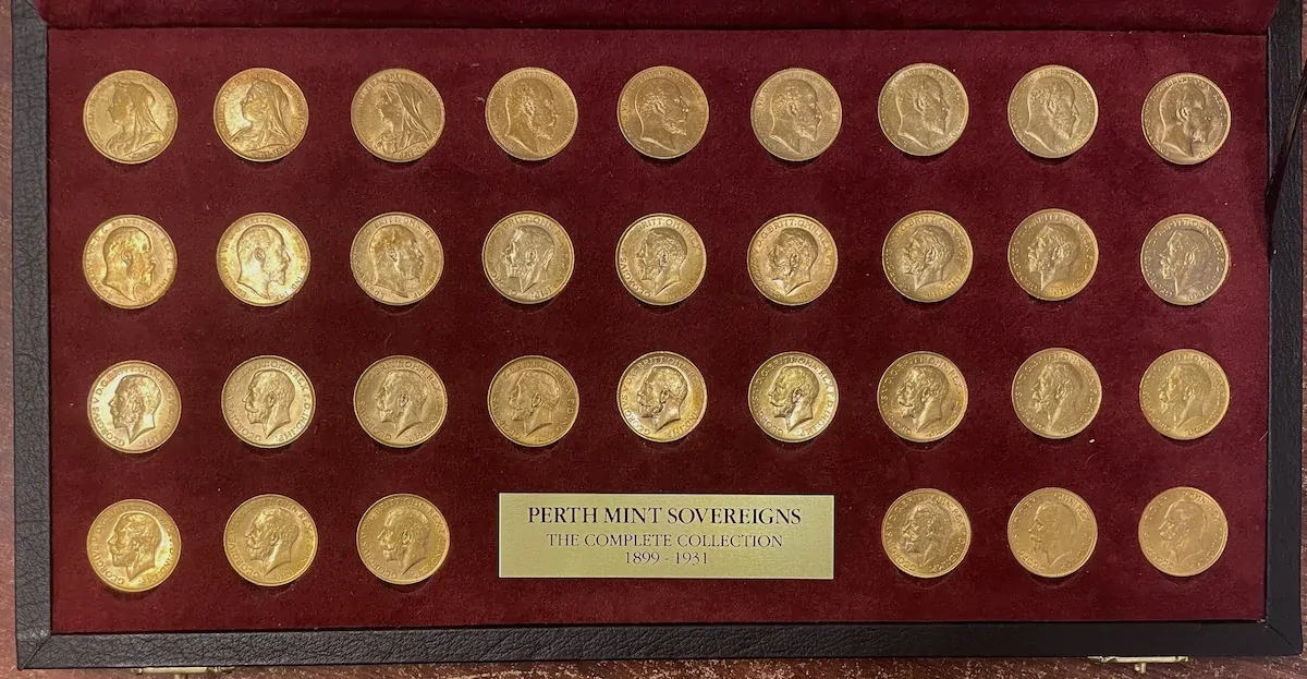 Complete Date Set of 33 Perth Mint Sovereigns in Custom Case product image