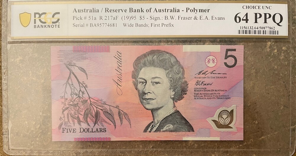 1995 $5 Note Fraser/Evans BA95 1st Prefix R217aF PCGS Choice UNC 64PPQ product image