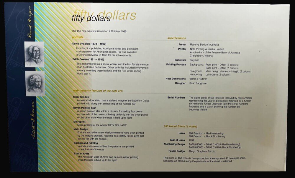 1999 Fifty Dollars Uncut Block of Four Deluxe Black Serials product image