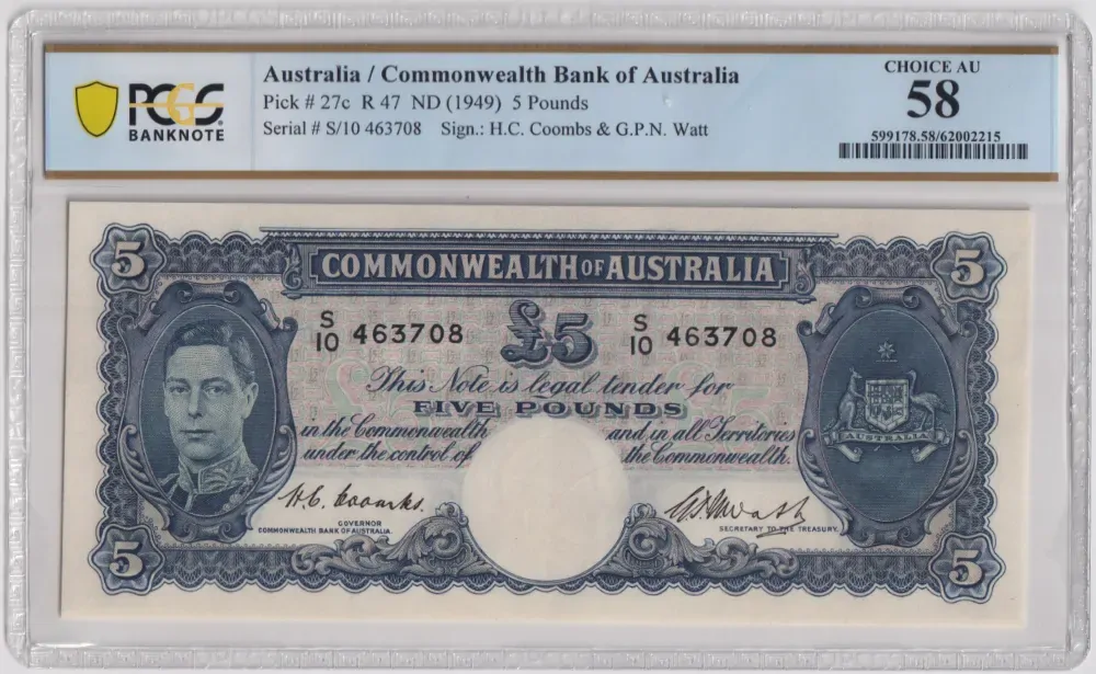 1949 Five Pound Coombs/Watt R47 PCGS AU58 product image