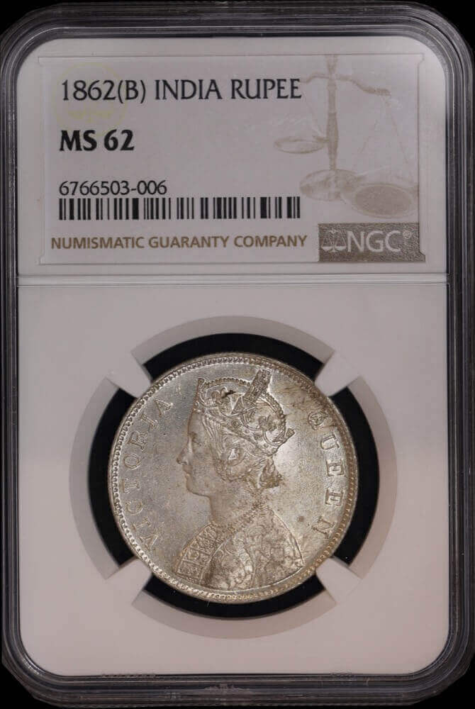 India (British) 1862 Silver Rupee KM#473.1 NGC MS62 product image