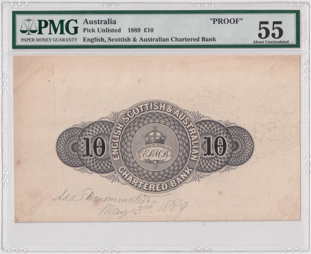English, Scottish & Australian Chartered Bank 1889 Ten Pound Printers Proof PMG 55 About Unc product image