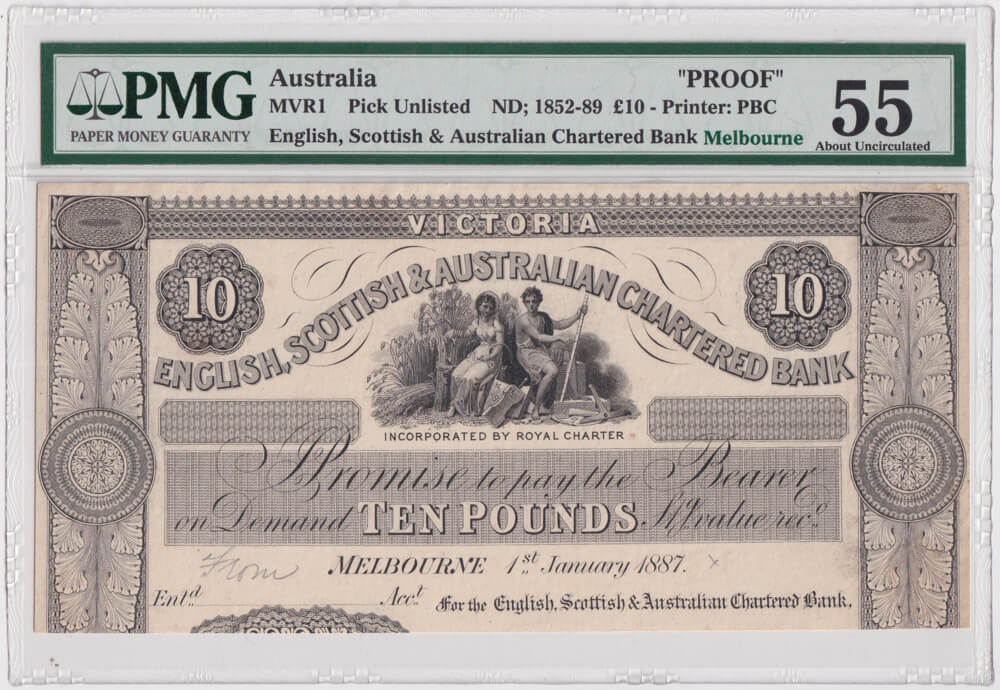 English, Scottish & Australian Chartered Bank 1887 Ten Pound Printers Proof PMG 55 About Unc product image