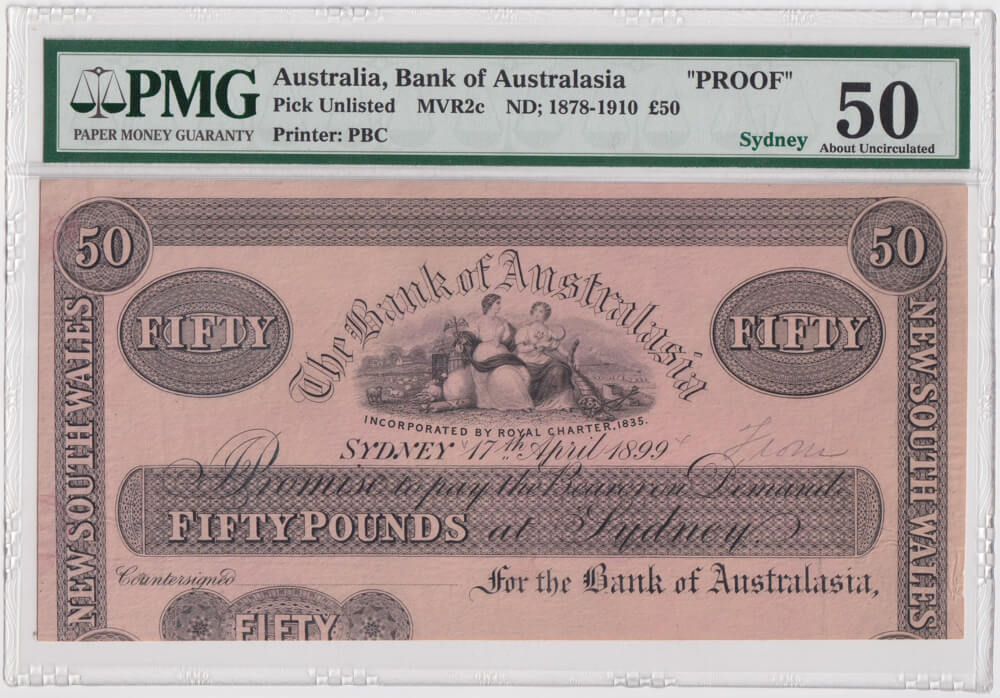 Bank of Australasia 1899 Fifty Pound Printers Proof PMG 50 About Unc product image