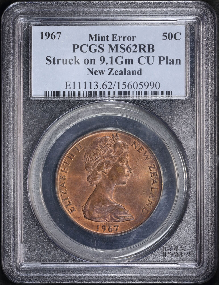 New Zealand 1967 50 Cent Error Struck on Penny Planchet PCGS MS62RB product image