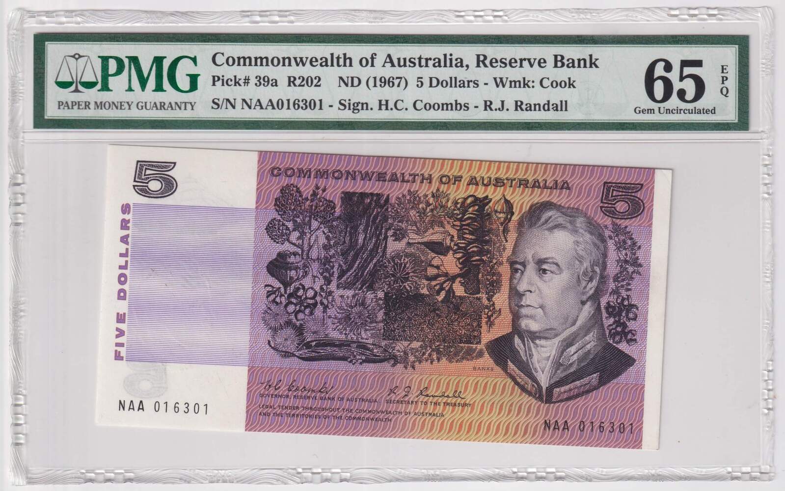 1967 $5 Note NAA First Prefix Coombs/Randall R202F PMG Gem Unc 65 EPQ product image