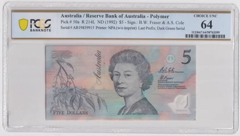1992 $5 Note Fraser/Cole AB19 Last Prefix R214L PCGS Choice UNC MS63 product image