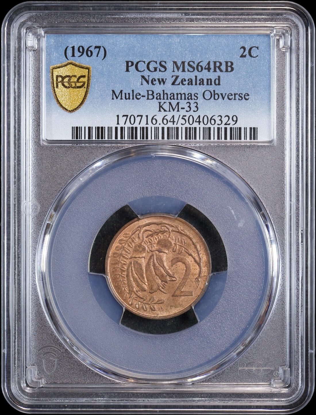 New Zealand/Bahamas 1967 2 Cent Mule KM#33 PCGS MS64RB product image