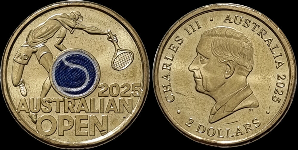 2025 Mint Bag of 25 Coloured $2 Coins Australian Open Men's Tennis Blue product image