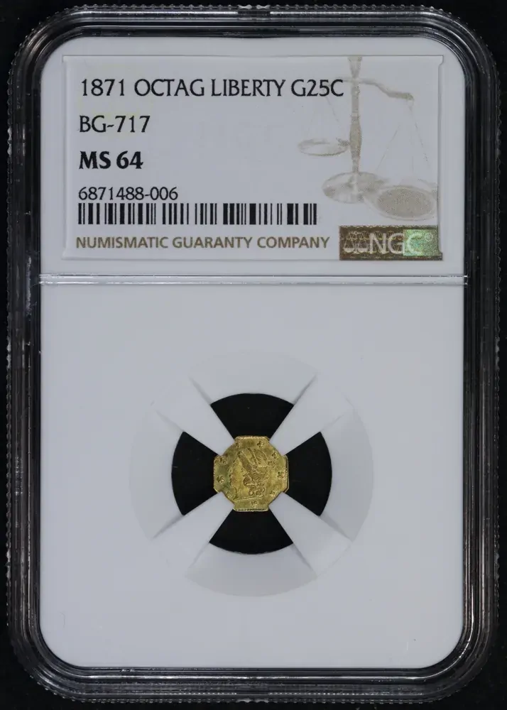 United States 1871 Gold 1/4 Dollar Octagonal Liberty (California Fractional Gold) NGCMS64 product image