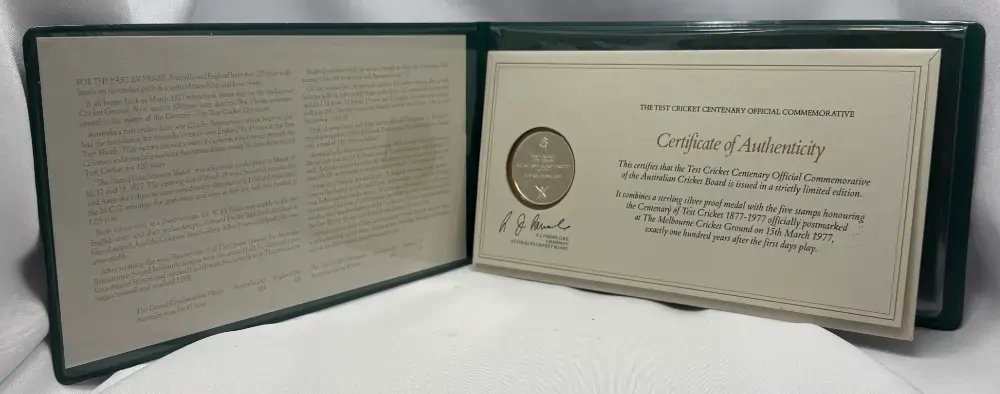 1977 Silver Test Cricket Commemorative Medal & Stamp Set product image