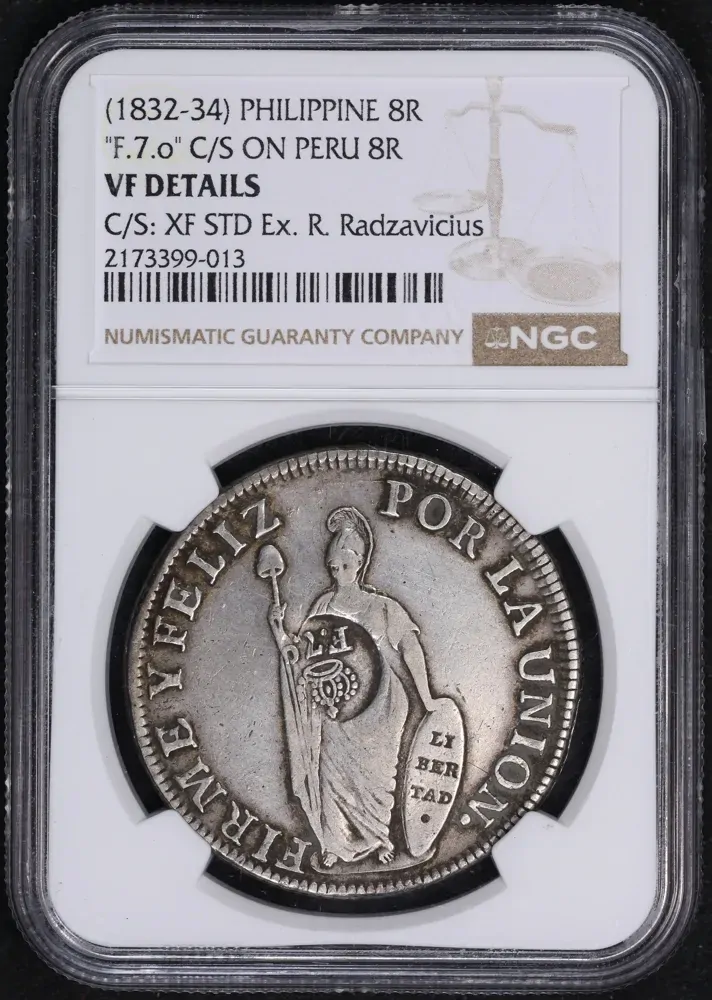 Philippines 1832 ~ 1834 Silver 8 Reales Countermark on Peru 8 Reales KM#138.2 NGC VF Details product image