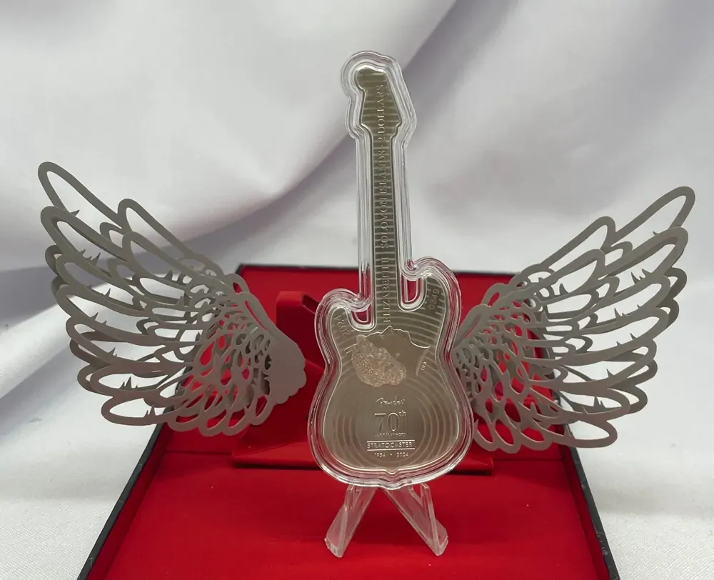 Solomon Islands 2024 Silver 1 Ounce Guitar Shaped Coin Fender Player Stratocaster product image