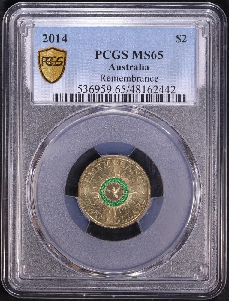 2014 Coloured 2 Dollar Coin Remembrance Green Dove PCGS MS65 product image