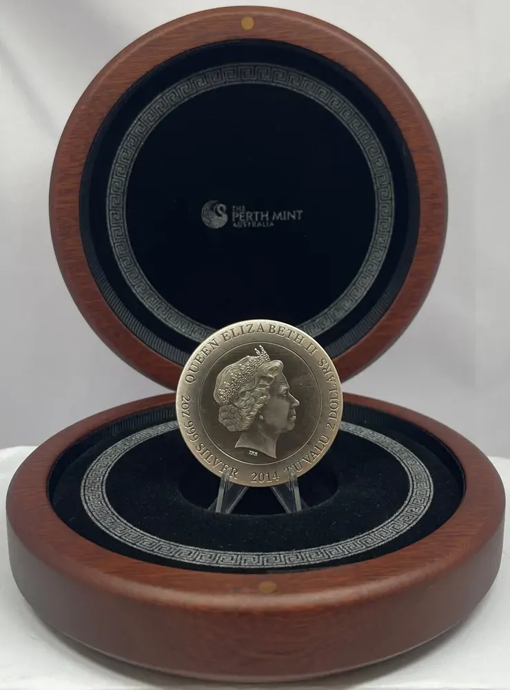 Tuvalu 2014 Silver 2 Ounce Antiqued Coin Gods of Olympus Zeus product image