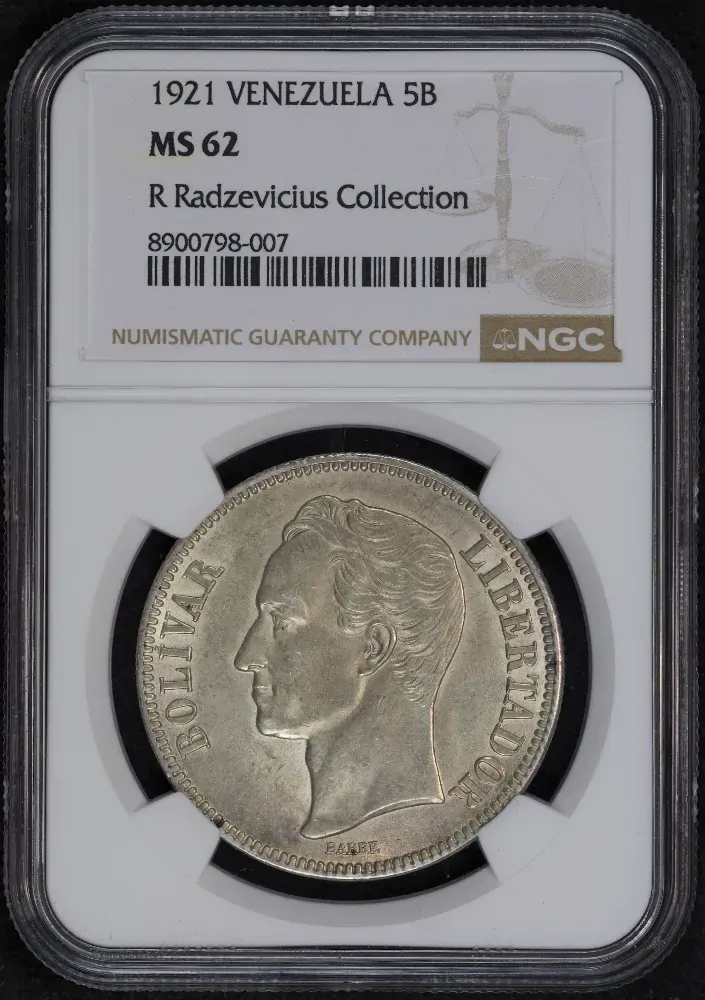 Venezuela 1921 Silver 5 Bolivares KM# 24.2 NGC MS62 product image