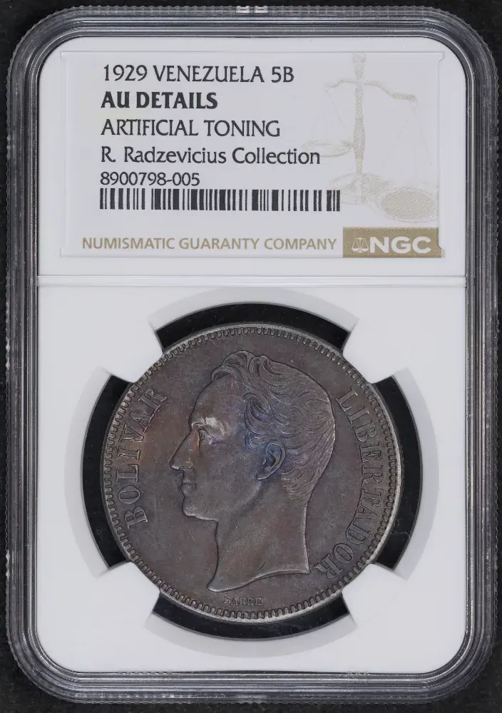 Venezuela 1929 Silver 5 Bolivares KM# 24.2 NGC AU Details product image