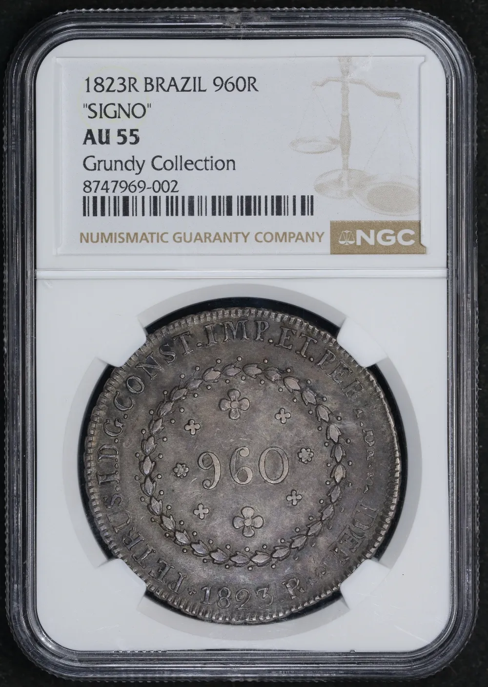 Brazil 1823-R Silver 960 Reis KM# 368.1 NGC AU55 product image