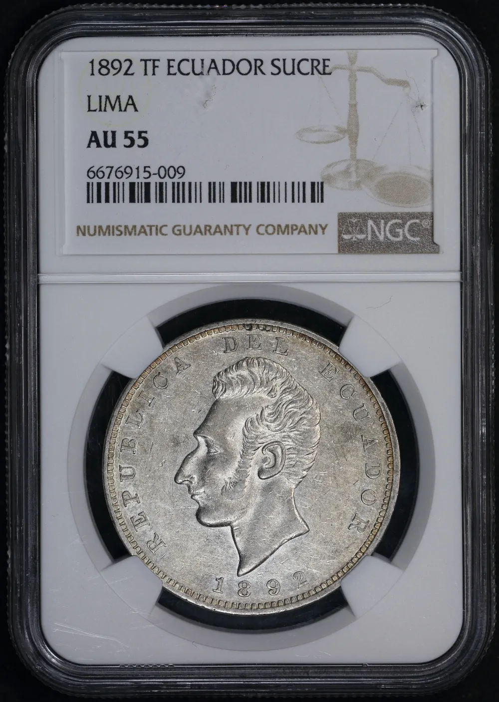 Ecuador 1892-TF Silver Sucre KM# 53.3 NGC AU55 product image