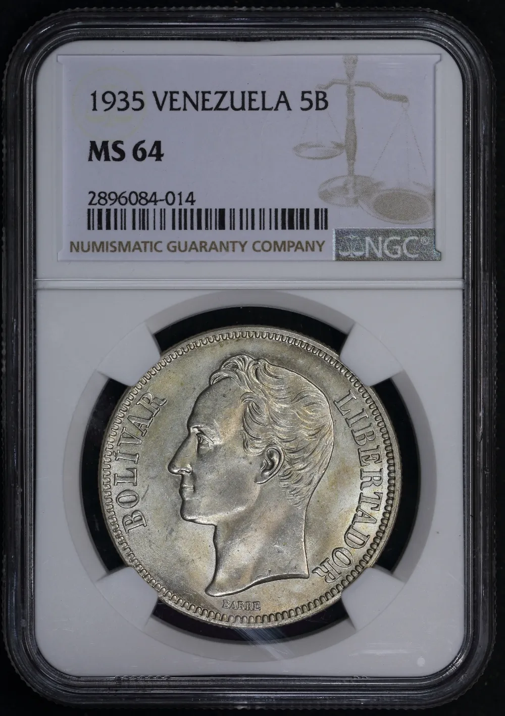 Venezuela 1935 Silver 5 Bolivares Y# 24.2 NGC MS64 product image