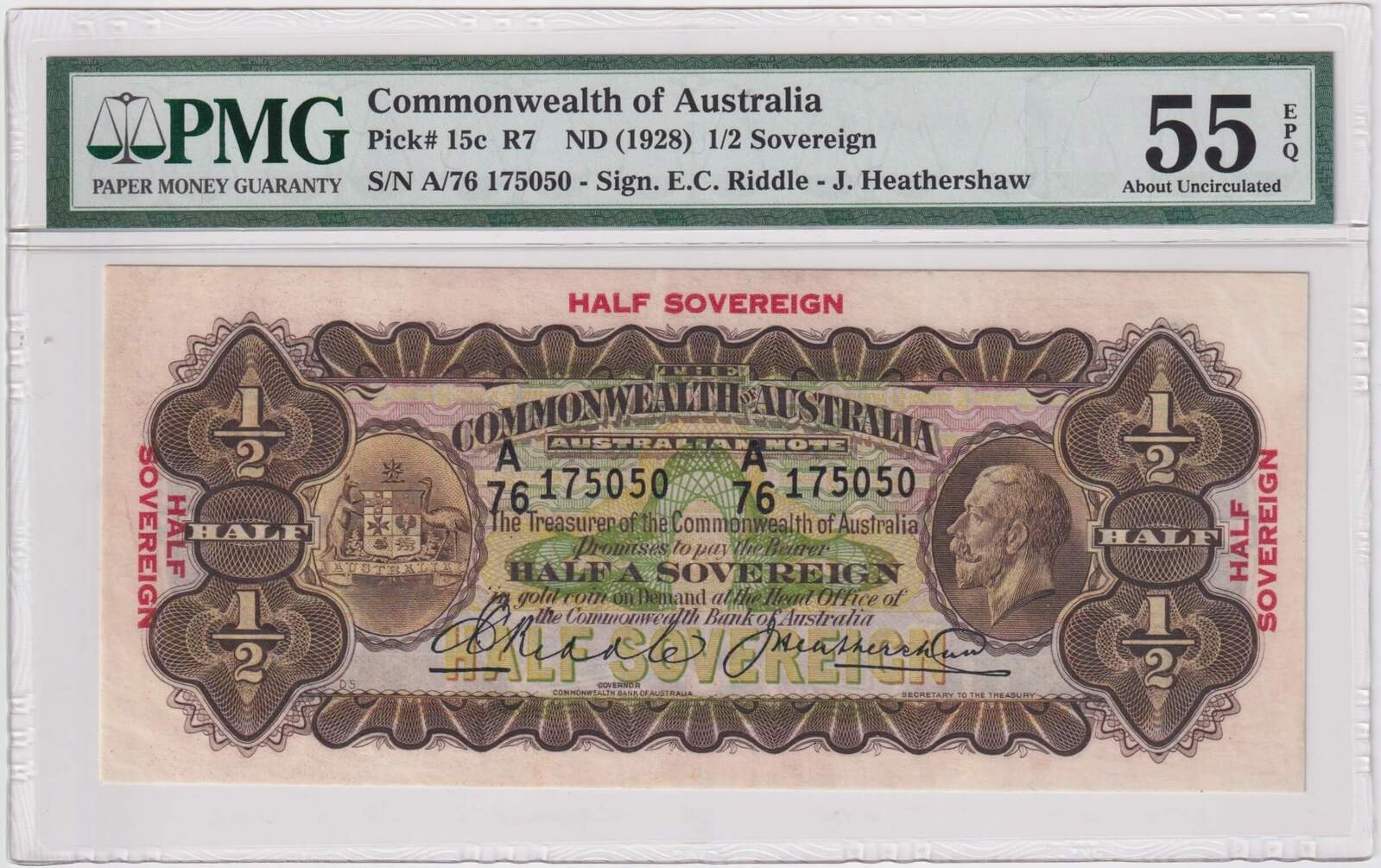 1928 Ten Shilling Riddle/Heathershaw R7 PMG AU55 EPQ product image